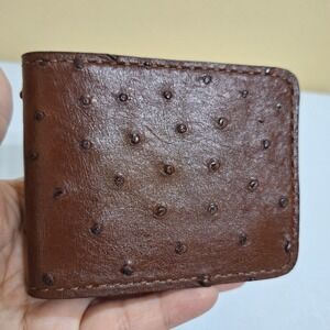 Genuine Ostrich Leather Patchwork Bifold Wallet Brown Handmade